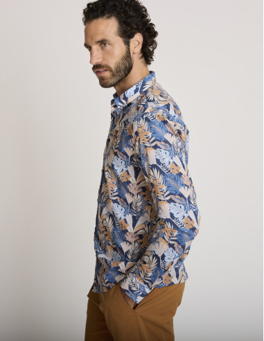 Camisa con estampado tropical azul...