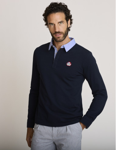 Polo de algodón de manga larga azul...