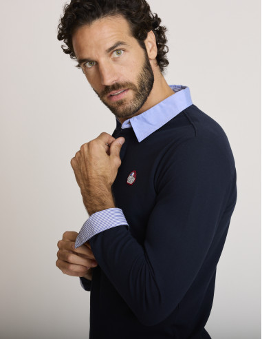 Polo coton manches longues bleu...