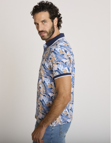 Polo stampata tropicale blu LEMISAM