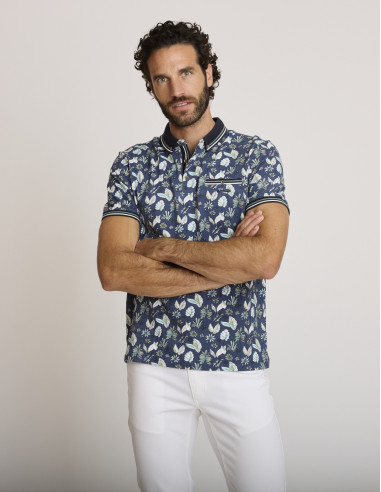 Polo coton imprimé bleu marine et...