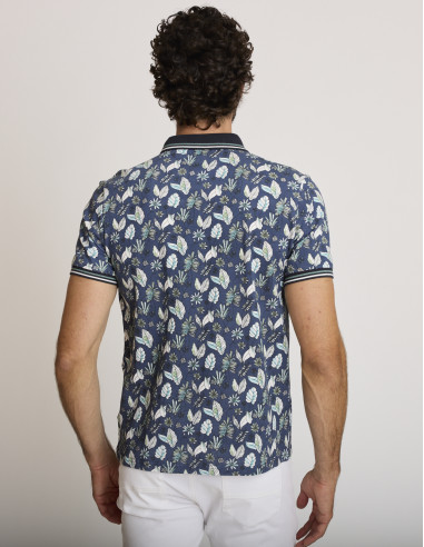 Polo in cotone stampato blu navy e...