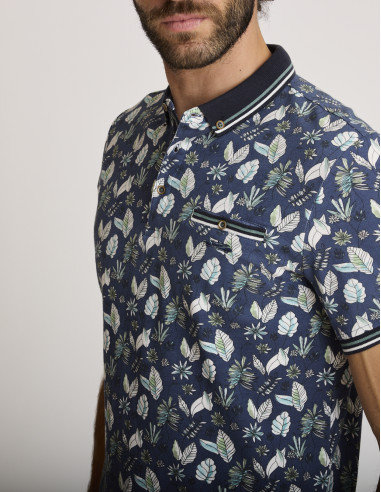 Polo in cotone stampato blu navy e...