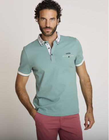 Polo coton brodé à col contrasté vert...