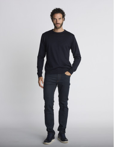 Pull col rond bleu marine jacquard TRACE