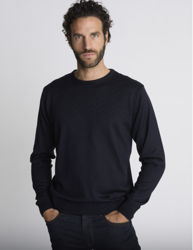 Pull col rond bleu marine jacquard TRACE