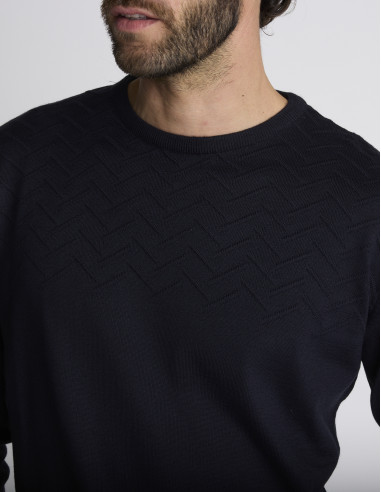 Pull col rond bleu marine jacquard TRACE