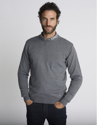 Pull col rond gris jacquard TRACE