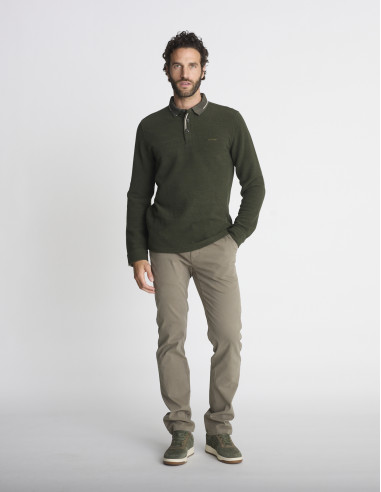 Polo manches longues kaki texturé LISSE